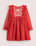 Robe à manches longues en tulle-Fleurs rouge rockabilly