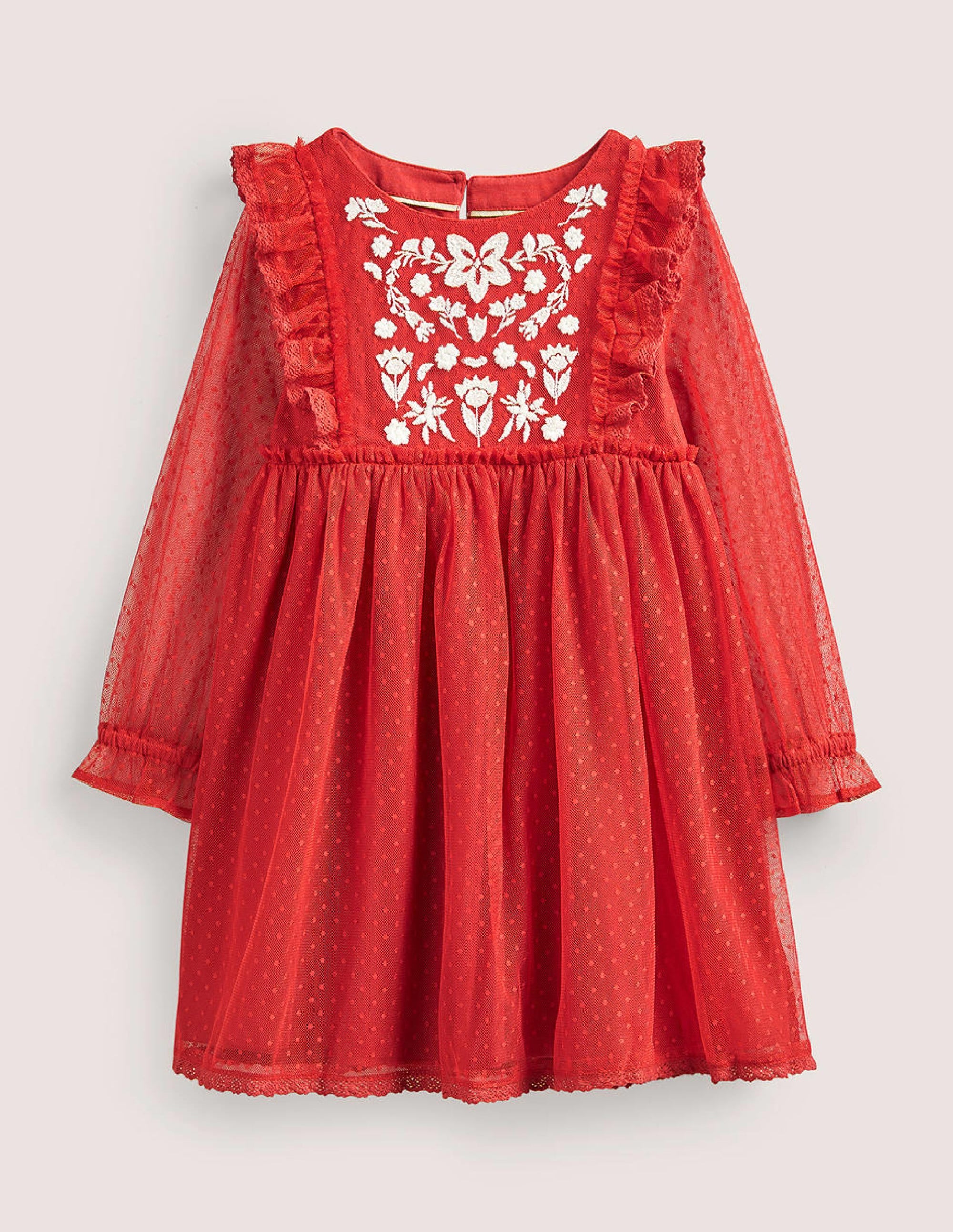 Robe à manches longues en tulle-Fleurs rouge rockabilly - Image 1
