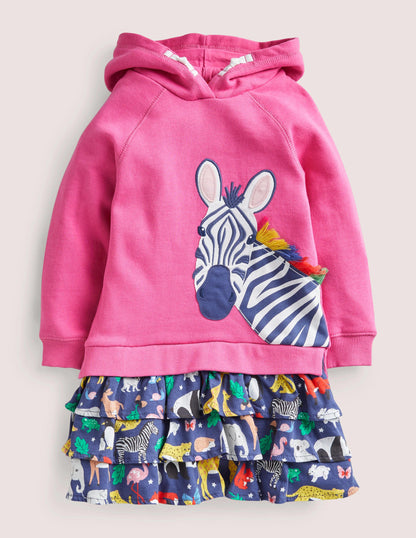 Appliziertes Sweatshirt-Kleid mit Kapuze-Rosa, Tiere der Welt/Zebra