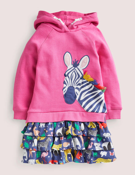 Appliziertes Sweatshirt-Kleid mit Kapuze-Rosa, Tiere der Welt/Zebra