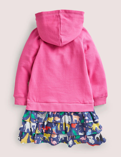 Appliziertes Sweatshirt-Kleid mit Kapuze-Rosa, Tiere der Welt/Zebra