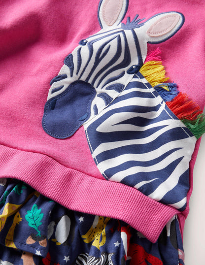 Appliziertes Sweatshirt-Kleid mit Kapuze-Rosa, Tiere der Welt/Zebra