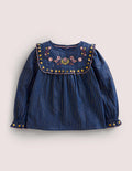 Frill Embroidered Woven Top-College Navy Floral