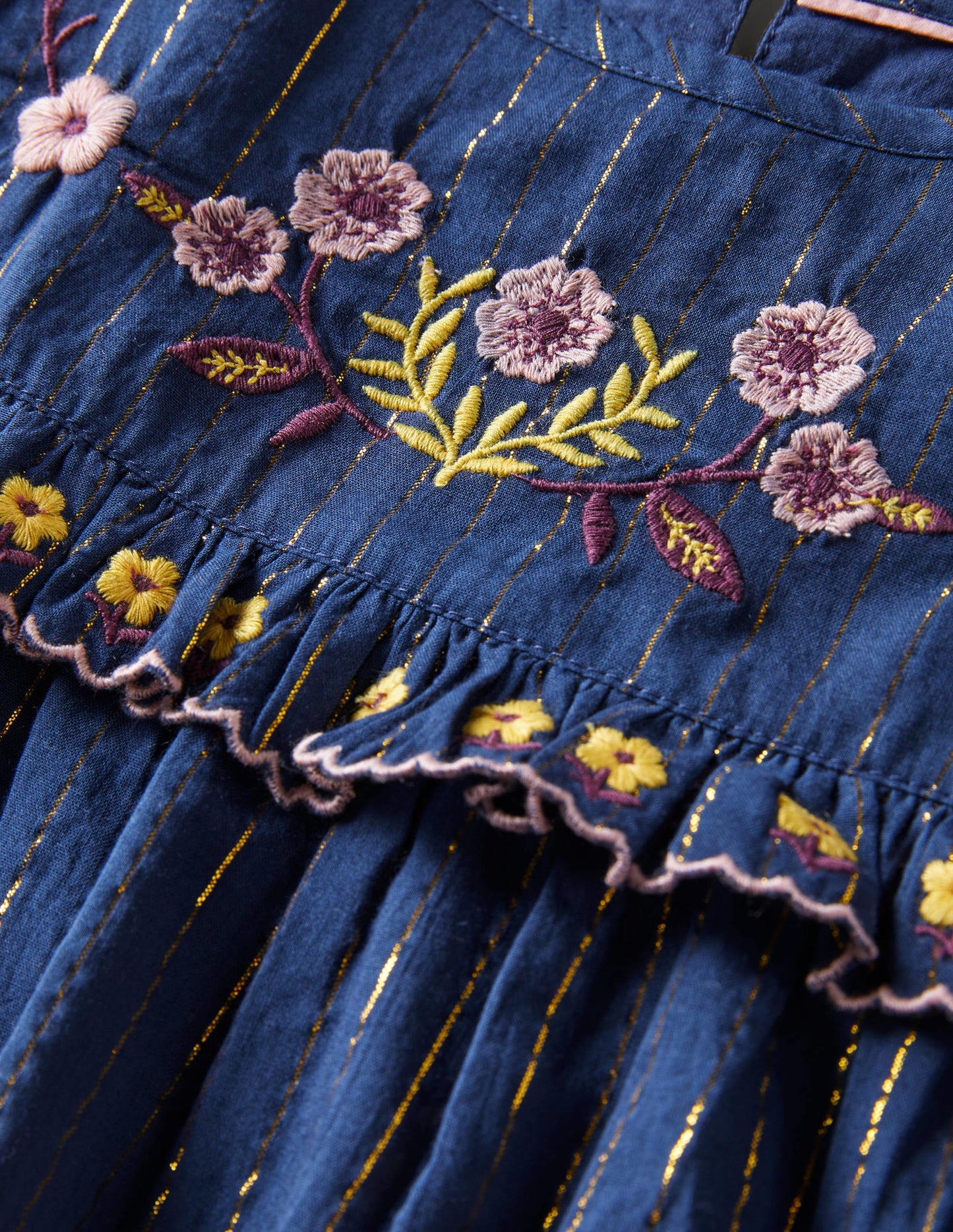 Gerüschtes Weboberteil mit Stickerei-Schuluniform-Navy, Blumen