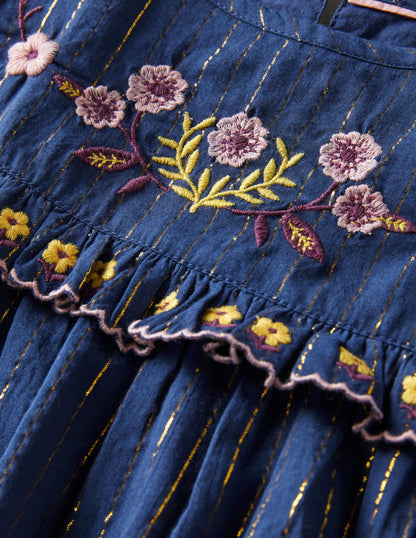 Gerüschtes Weboberteil mit Stickerei-Schuluniform-Navy, Blumen