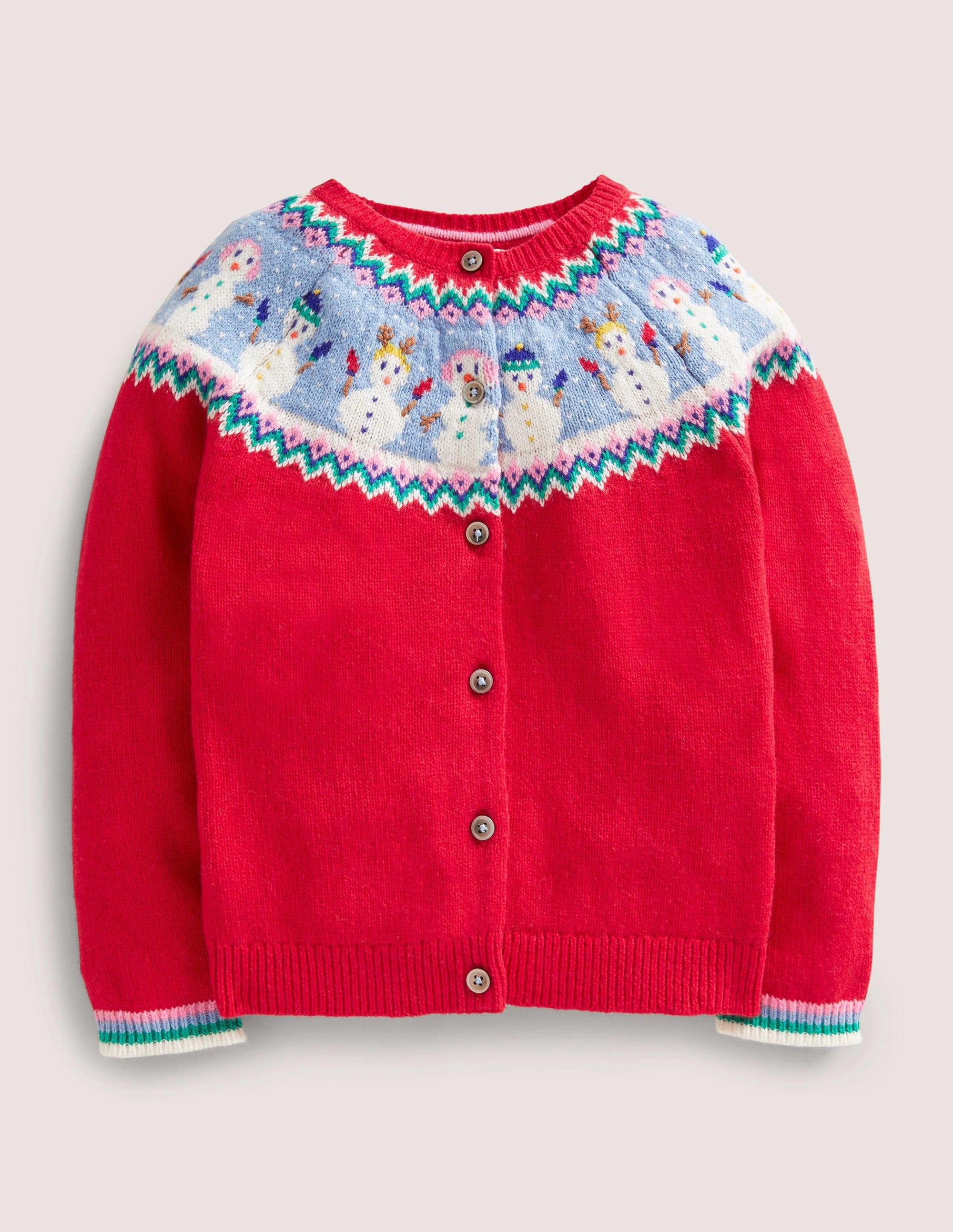Red Snowmen Fair Isle Christmas Cardigan-Rockabilly-Rot, Schneemänner - Image 1