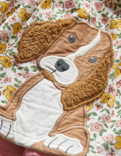 Jupe en velours côtelé à appliqué-Motif Floral Puppies vintage vanille