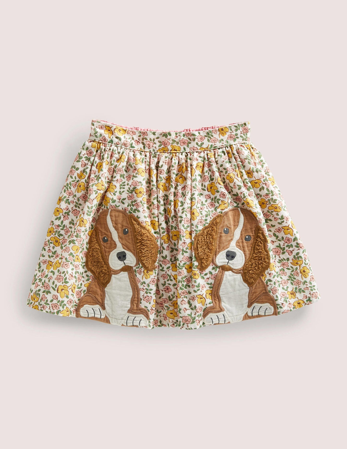 Jupe en velours côtelé à appliqué-Motif Floral Puppies vintage vanille