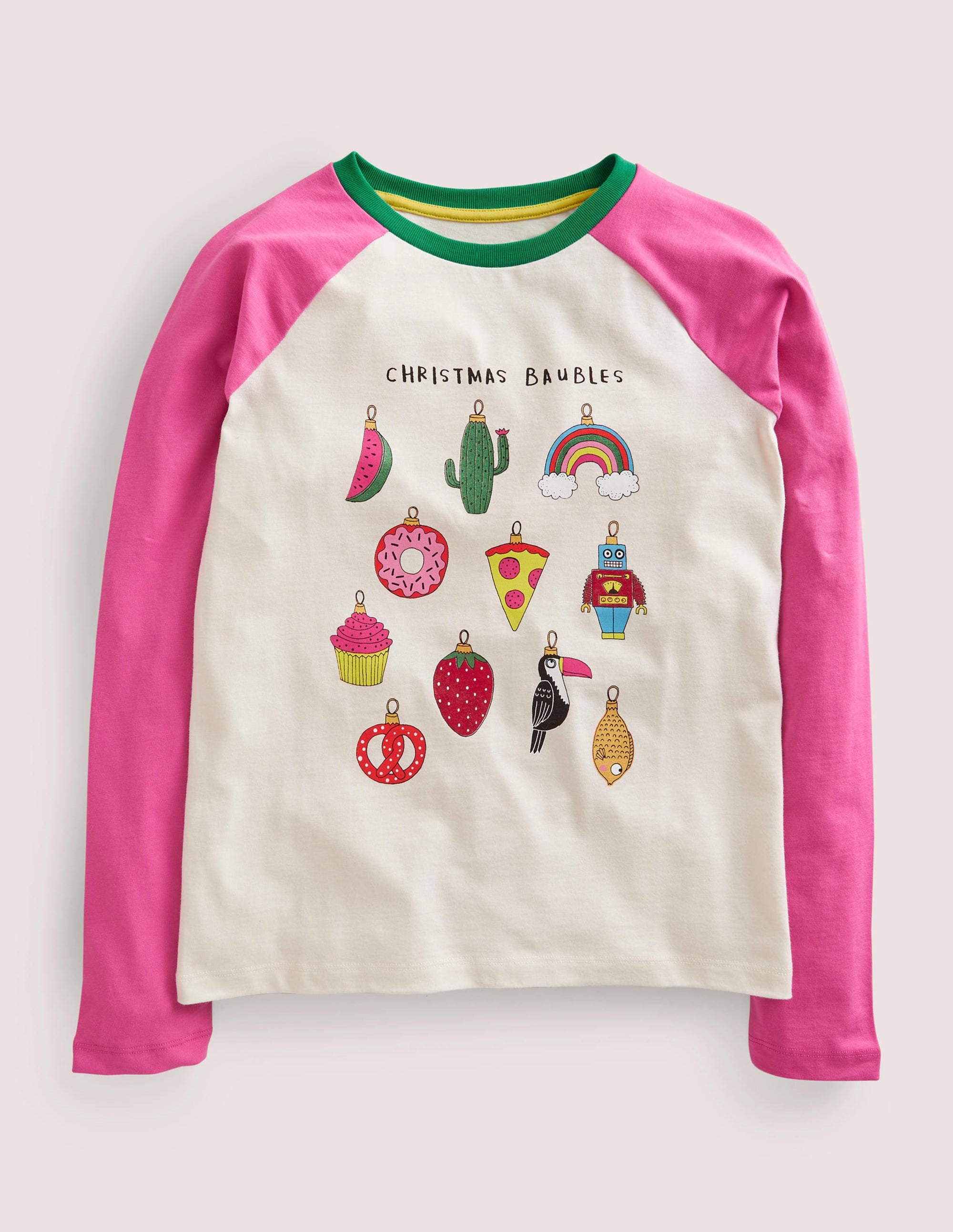 Raglan Festive Printed T-shirt-Strawberry Pink/Ivory - Image 1