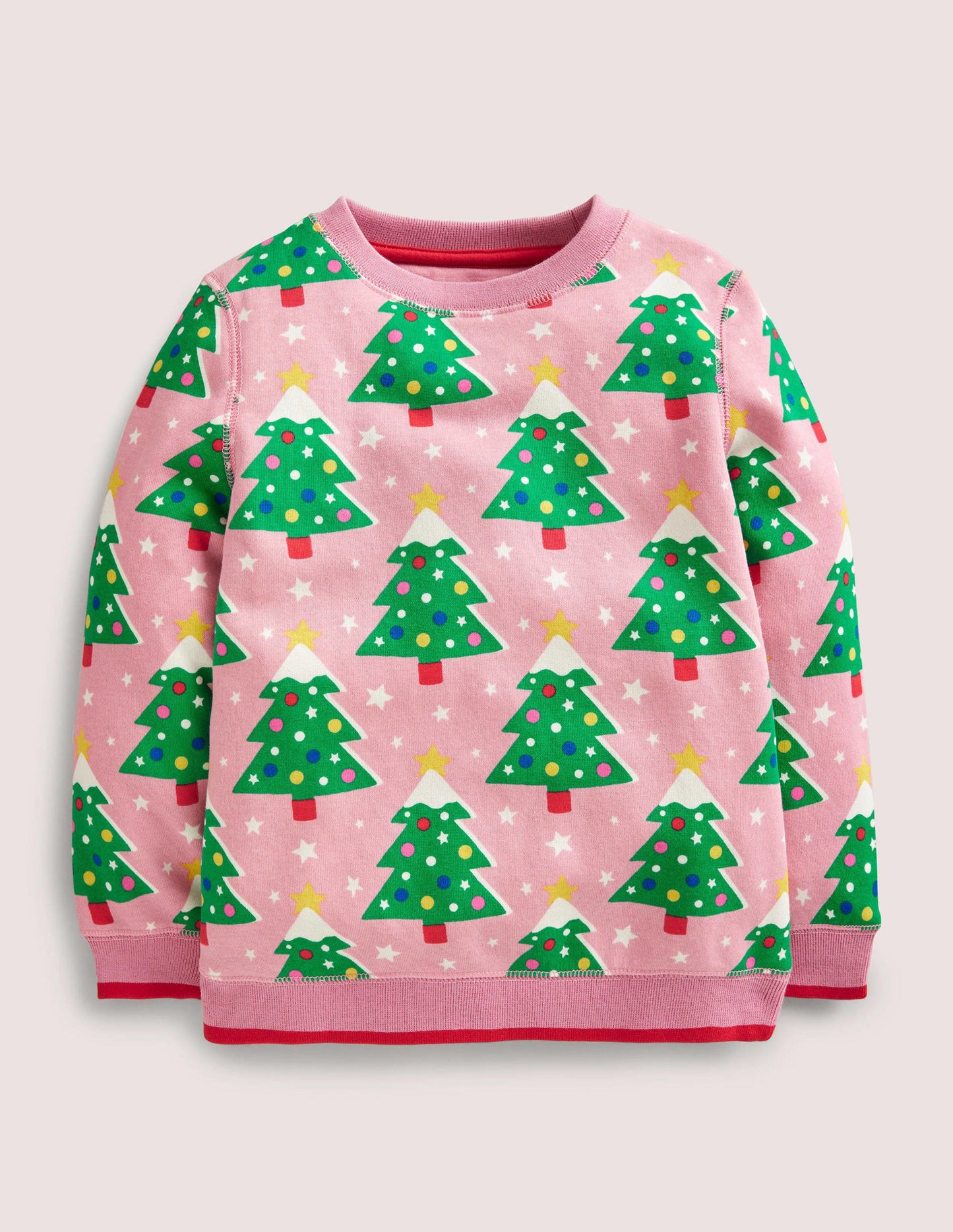 Festlich gemusterter Pullover mit Rundhalsausschnitt-Kirschblütenrosa, Weihnachtsbäume