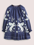Puff Sleeve Embroidered Dress-College Navy