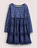 Robe à manches longues en jersey et tulle-Pois bleu tribord/doré