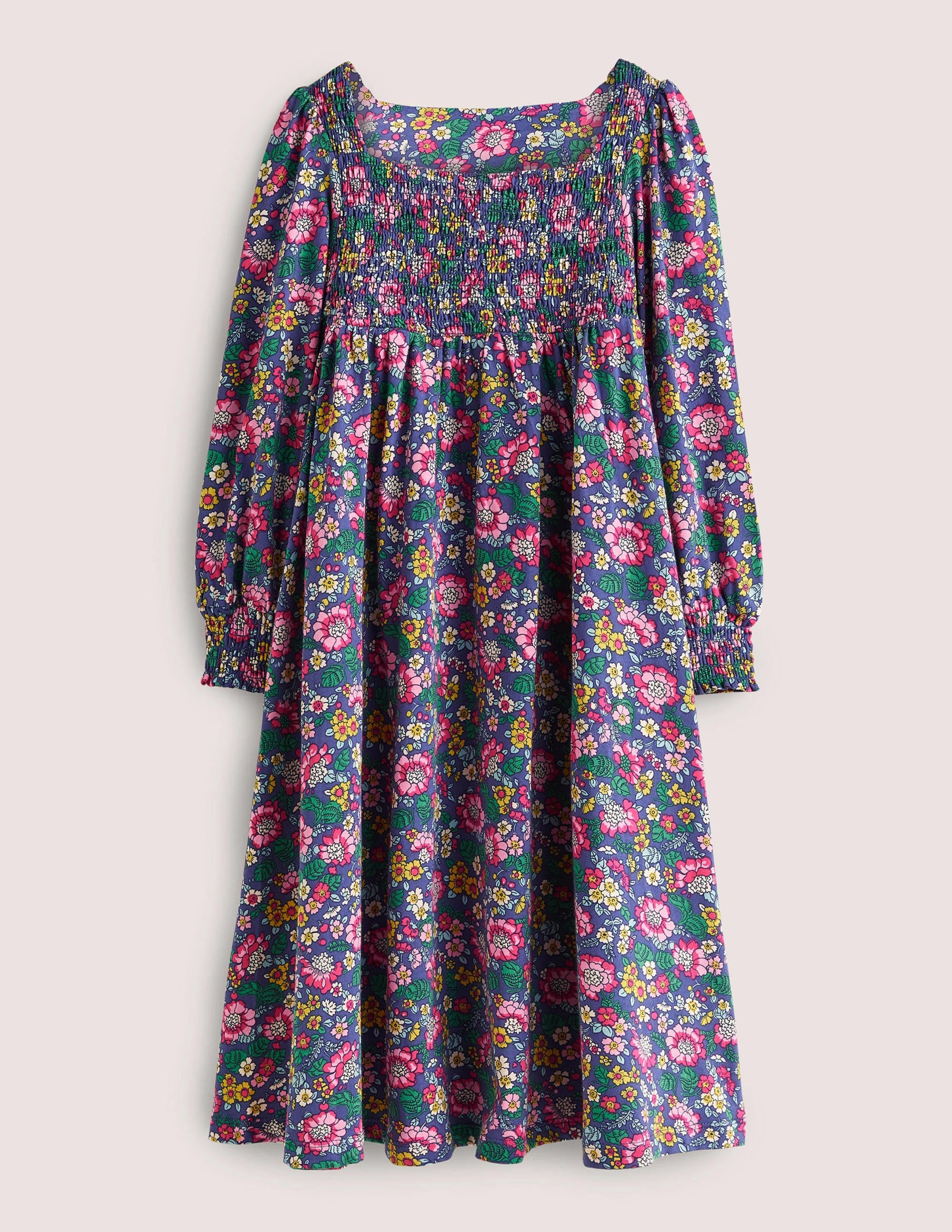 Trapezkleid mit gesmoktem Oberteil-Segelblau, Vintage-Blumenmuster - Image 1
