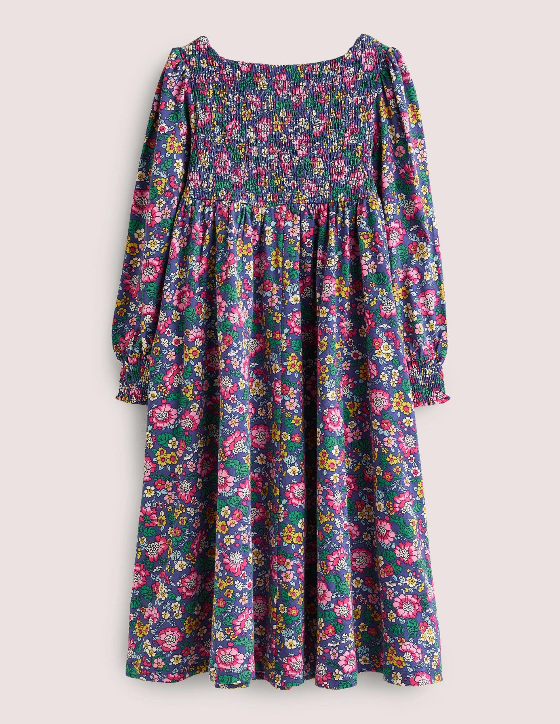 Trapezkleid mit gesmoktem Oberteil-Segelblau, Vintage-Blumenmuster-2