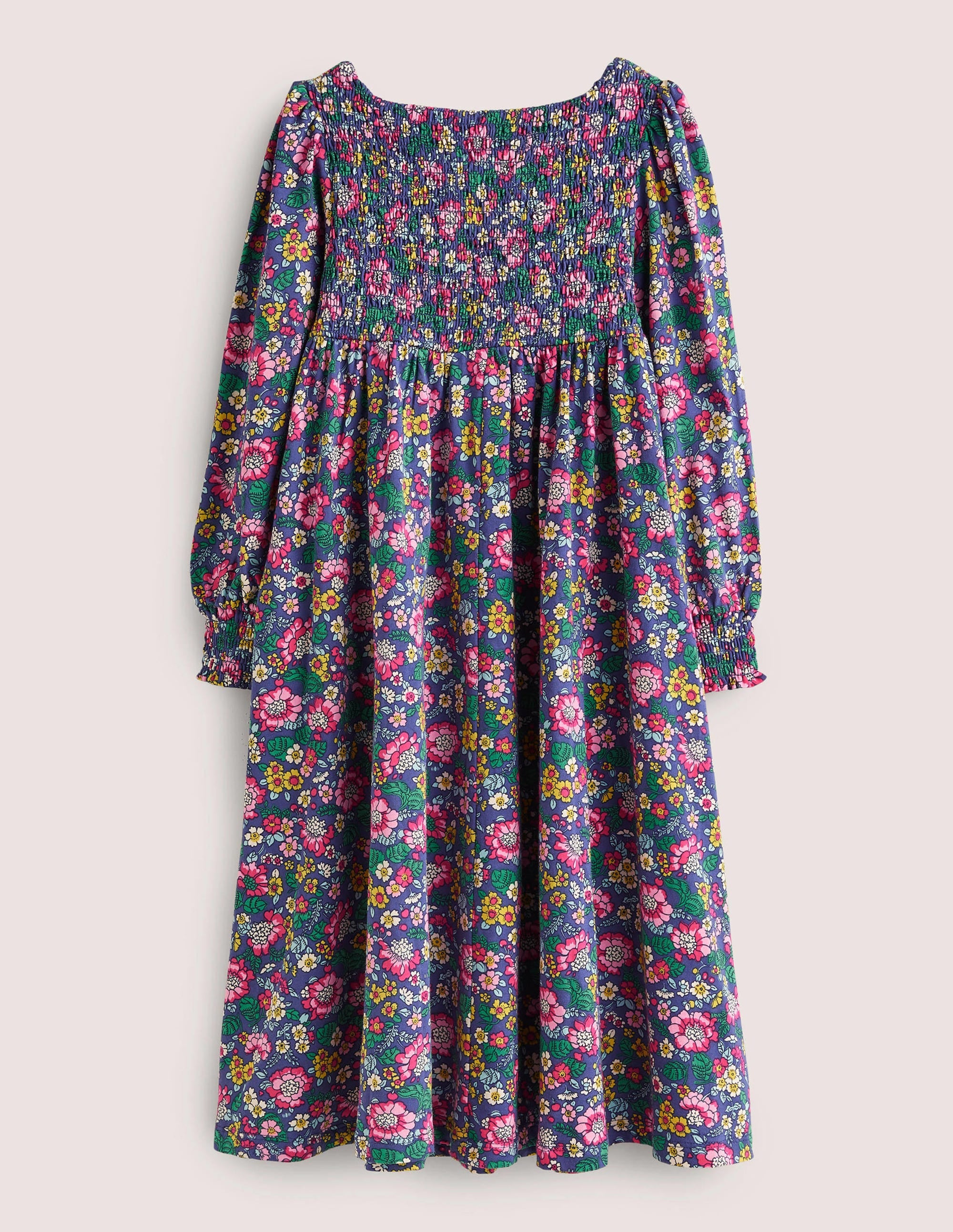 Trapezkleid mit gesmoktem Oberteil-Segelblau, Vintage-Blumenmuster - Image 2
