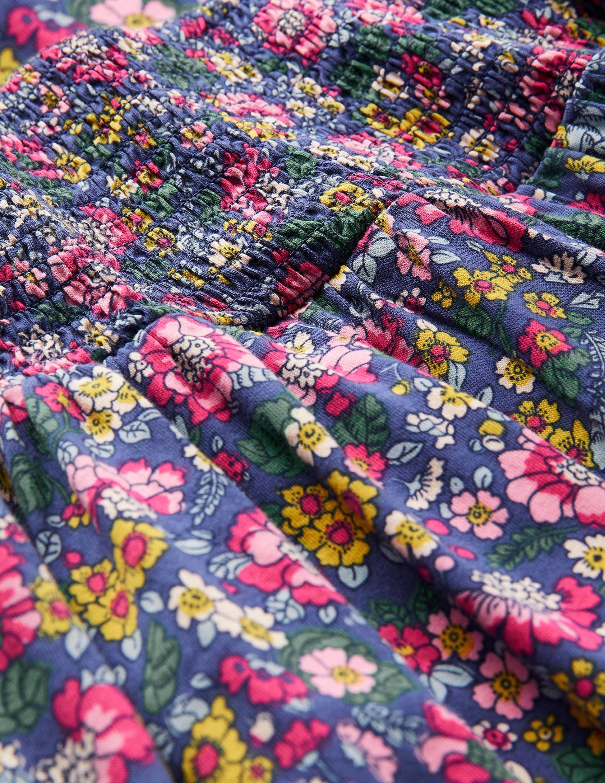 Trapezkleid mit gesmoktem Oberteil-Segelblau, Vintage-Blumenmuster-3