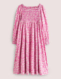 Robe trapèze avec corsage à smocks-Toile de Jouy chouette rose bonheur