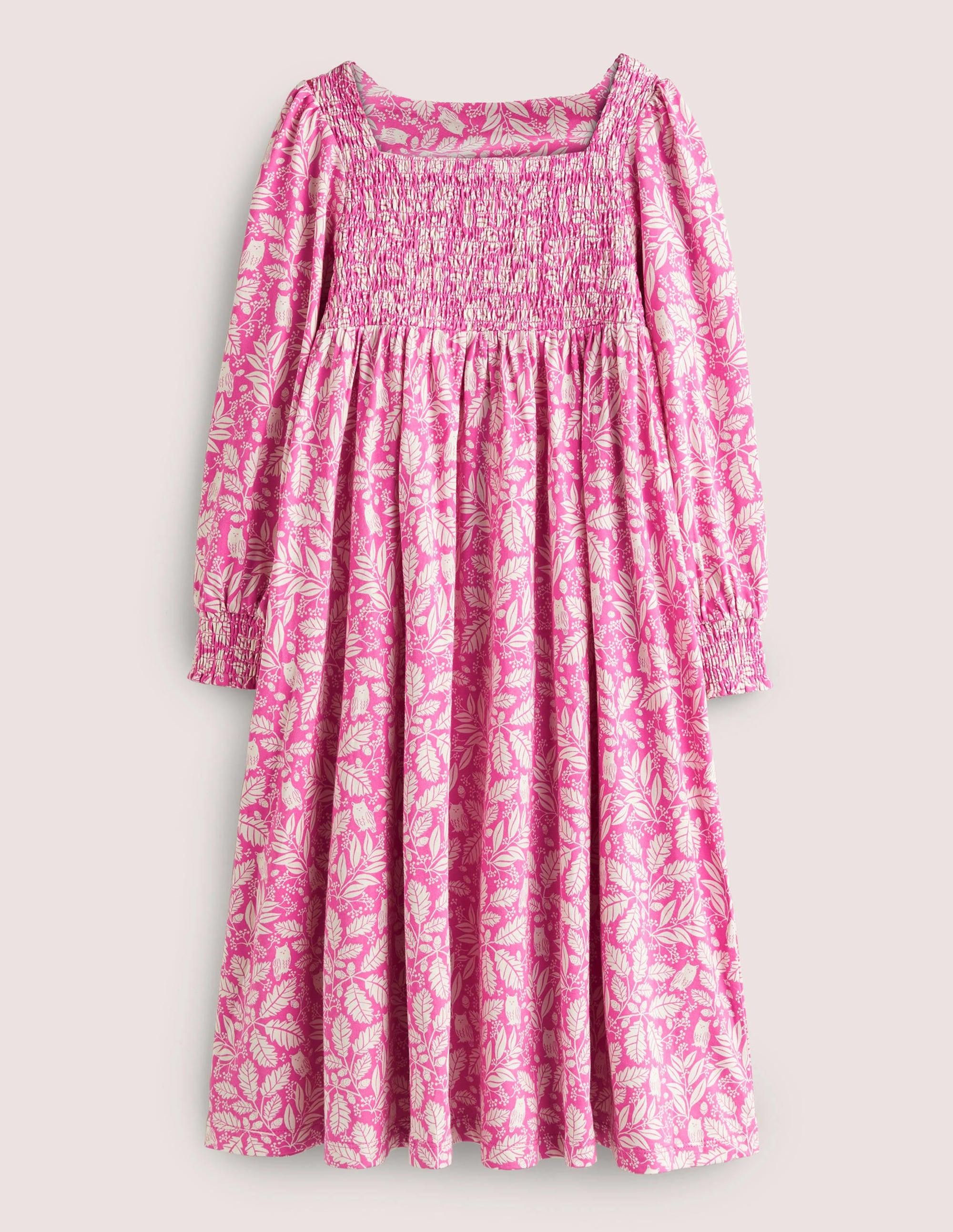 Robe trapèze avec corsage à smocks-Toile de Jouy chouette rose bonheur - Image 1