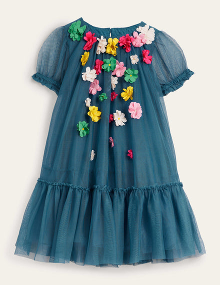 A-Linien-Kleid mit flatternden Blumen-Dunkles Petrol
