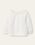 Long-Sleeved Broderie T-shirt-Ivory Broderie