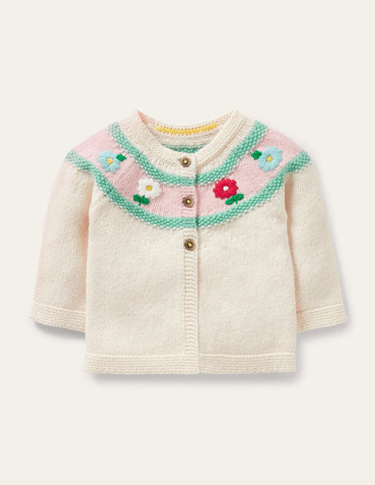 Cardigan mit Blümchen-Ecru Meliert