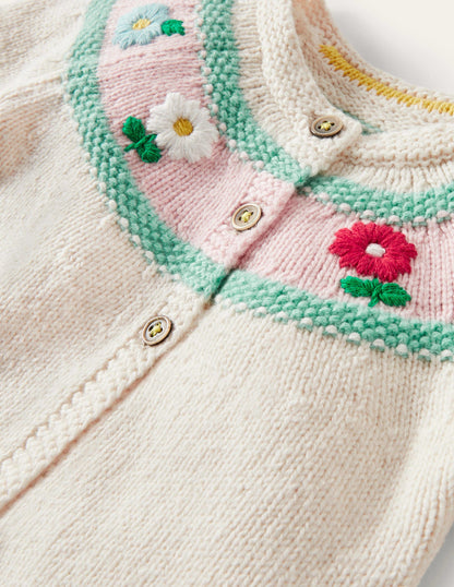 Cardigan mit Blümchen-Ecru Meliert