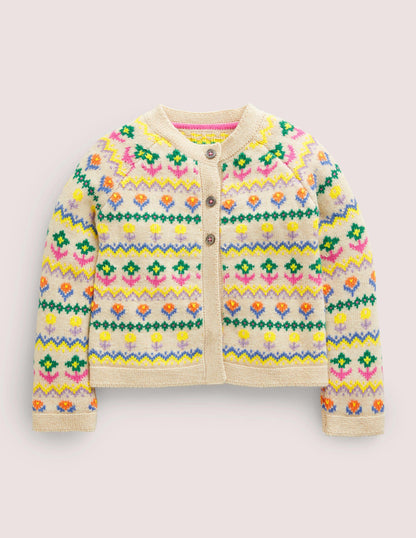Fair-Isle-Cardigan mit Blumenmuster-Hellbeige Meliert, Bunte Blumen