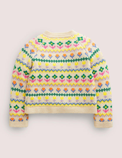 Fair-Isle-Cardigan mit Blumenmuster-Hellbeige Meliert, Bunte Blumen