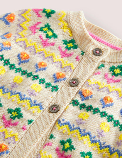 Fair-Isle-Cardigan mit Blumenmuster-Hellbeige Meliert, Bunte Blumen