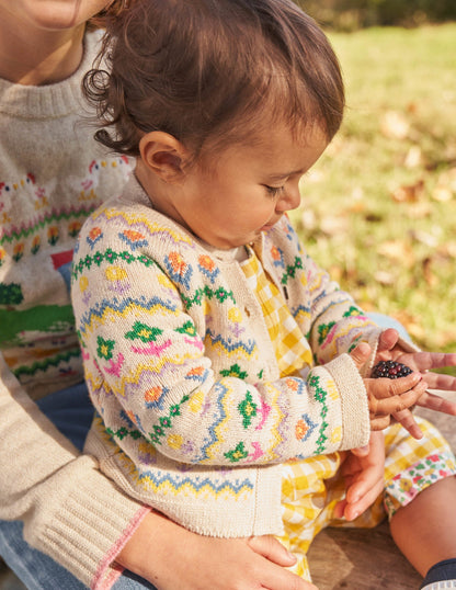 Fair-Isle-Cardigan mit Blumenmuster-Hellbeige Meliert, Bunte Blumen