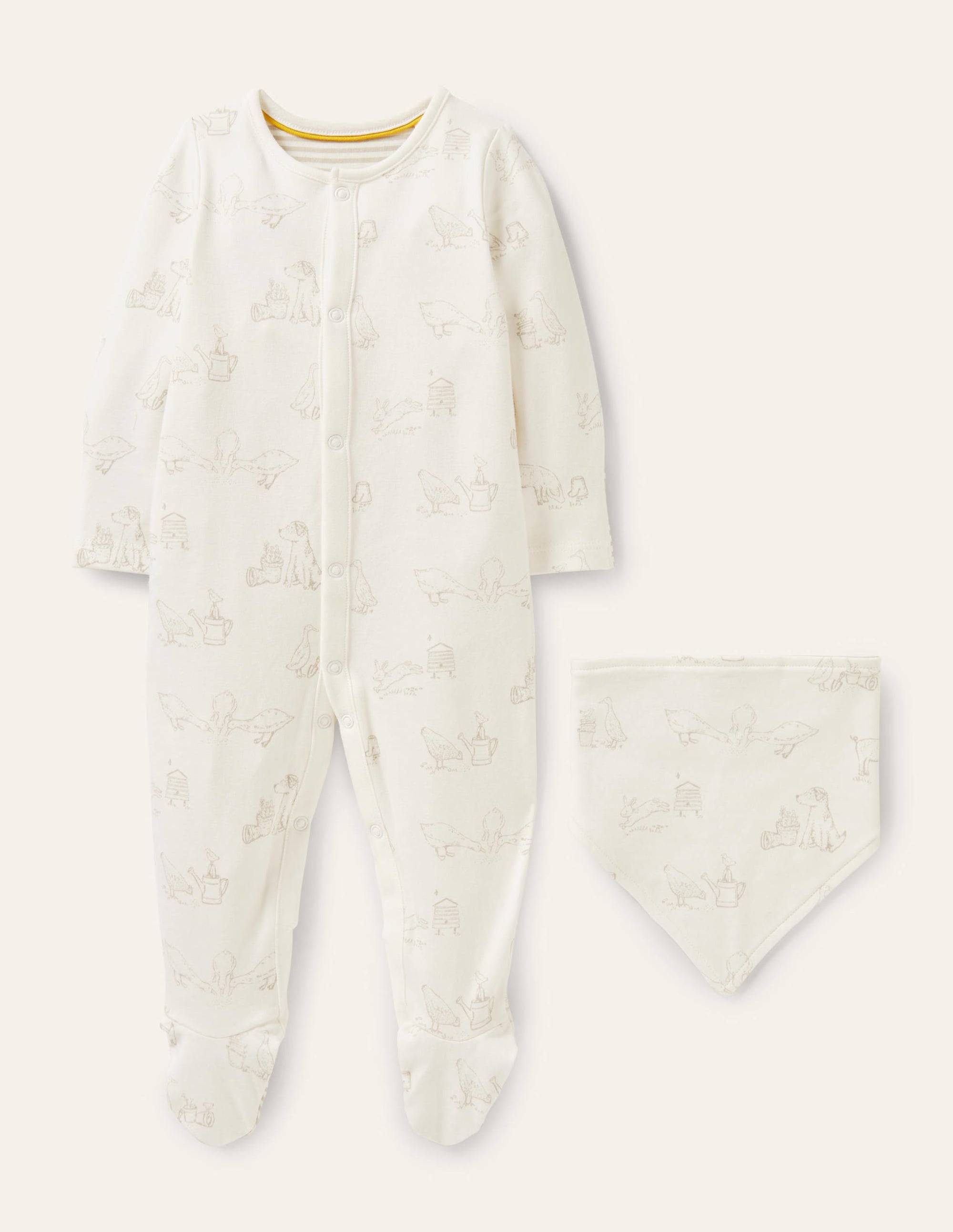 Newborn Sleepsuit & Bib Set-Ivory Farmyard - Image 1