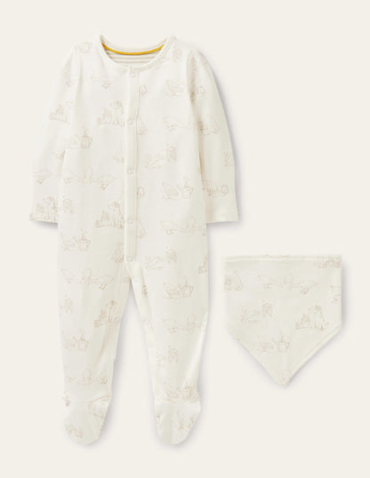 Set mit Schlafanzug und Lätzchen für Neugeborene-Naturweiß, Bauernhof-1