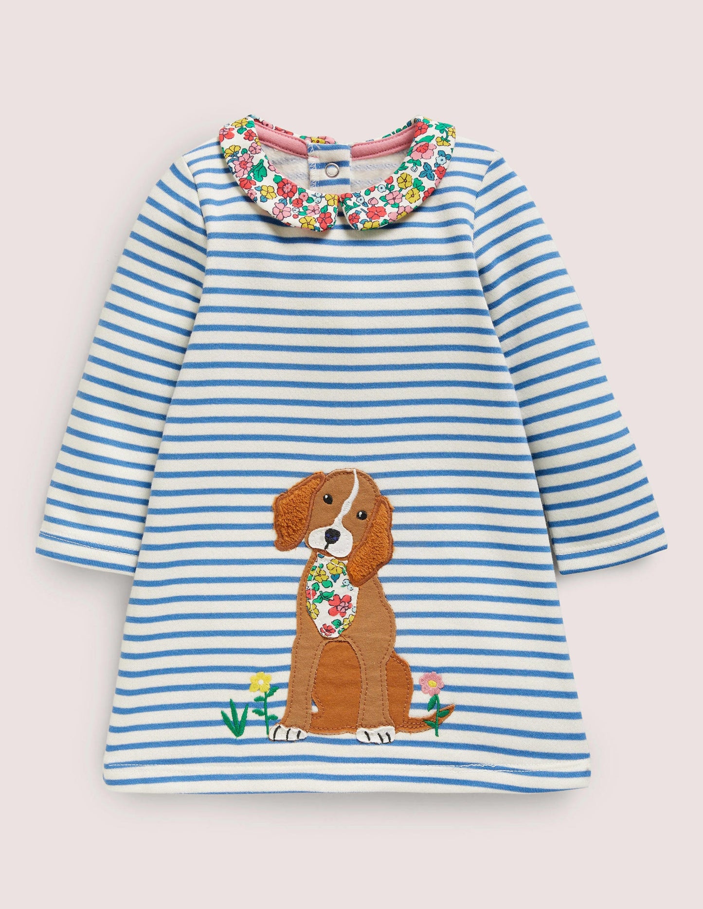 Appliqué Sweatshirt Dress-Ivory/Elizabethan Blue Dog