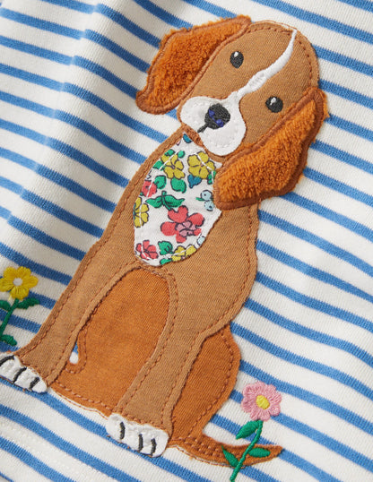 Appliqué Sweatshirt Dress-Ivory/Elizabethan Blue Dog