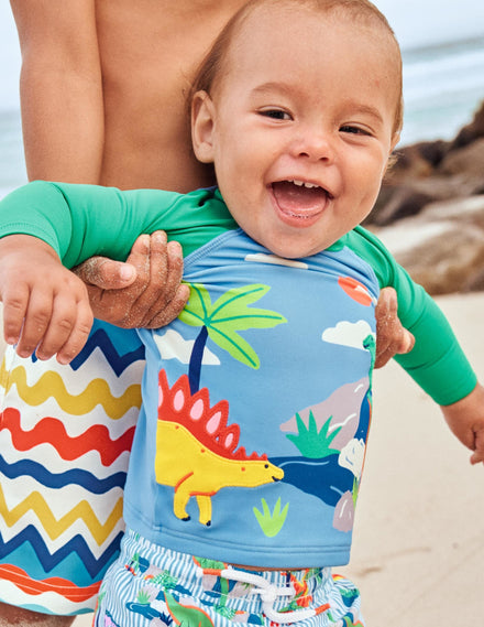 Badeshirt-Surfbrett-Blau, Dinoszene
