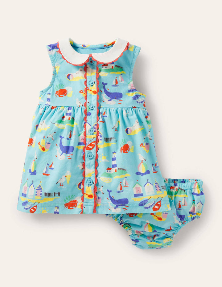 Sleeveless Collared Dress-Aqua Blue Coastal Scene