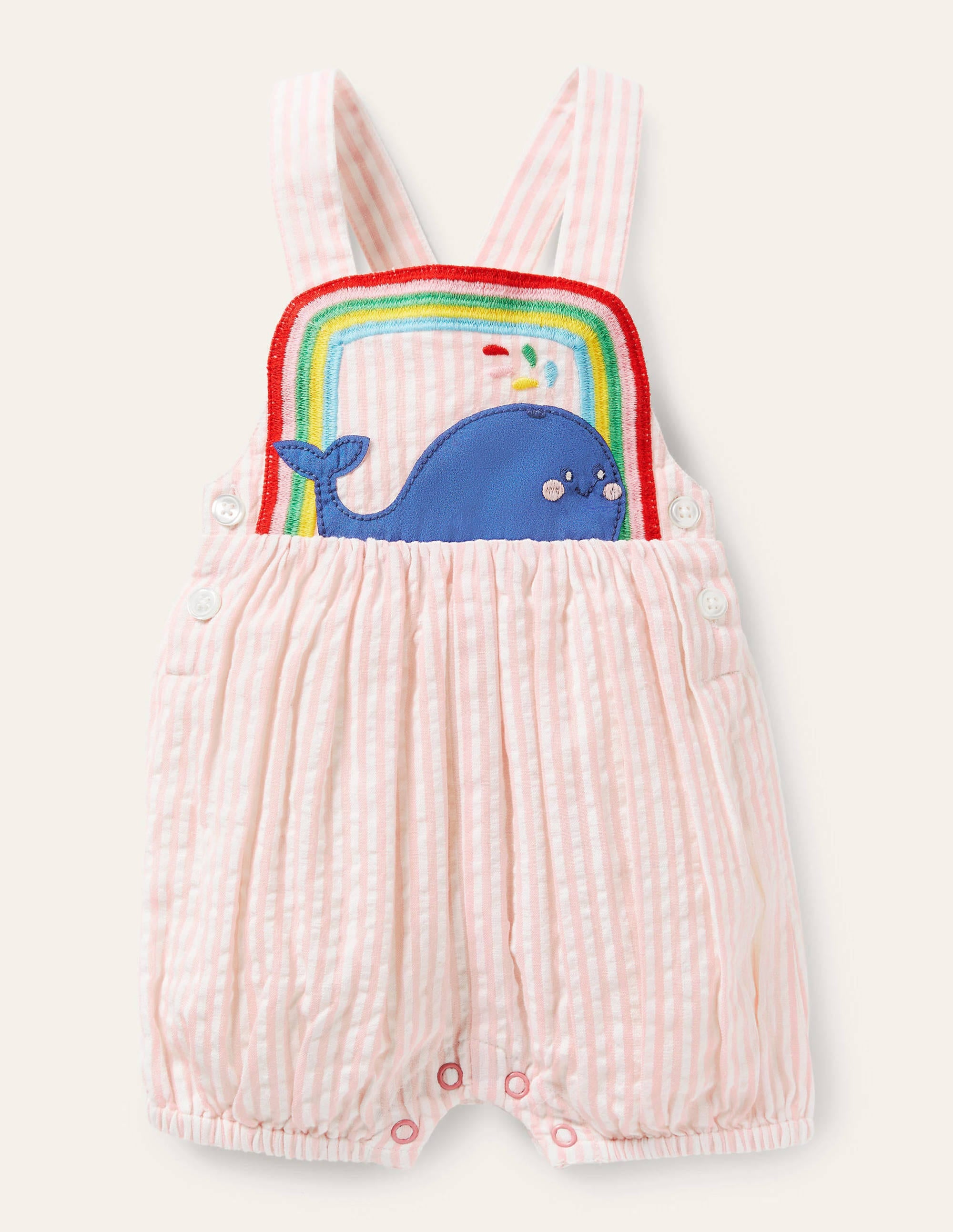 Appliqué Whale Woven Romper-Ivory/Pink Ticking Whale - Image 1