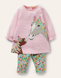 Set aus Jersey-Kleid und Leggings-Delfinrosa, Frühlingsblumen/Pferde