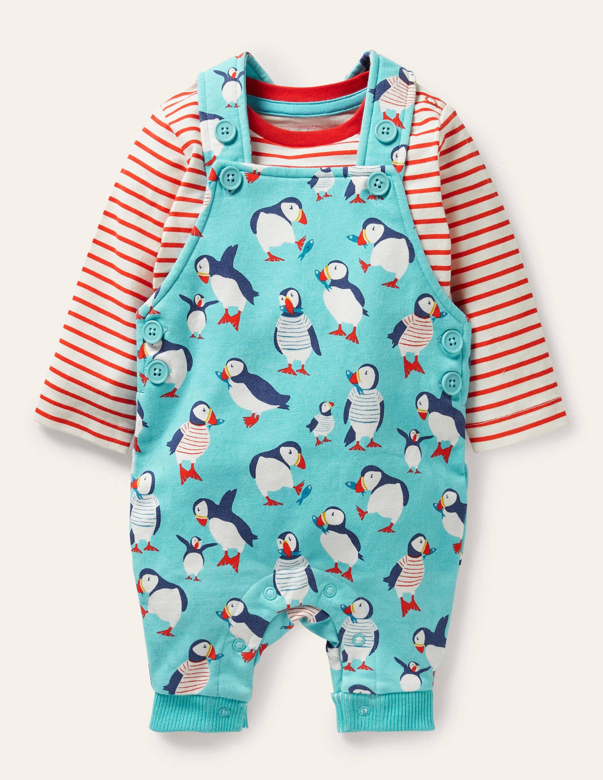 Ensemble imprimé en jersey avec salopette-Macareux bleu aigue-marine - Image 1