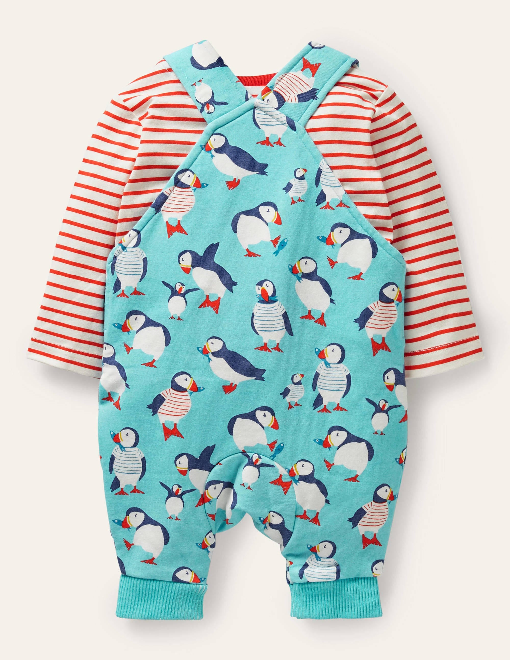 Ensemble imprimé en jersey avec salopette-Macareux bleu aigue-marine - Image 2