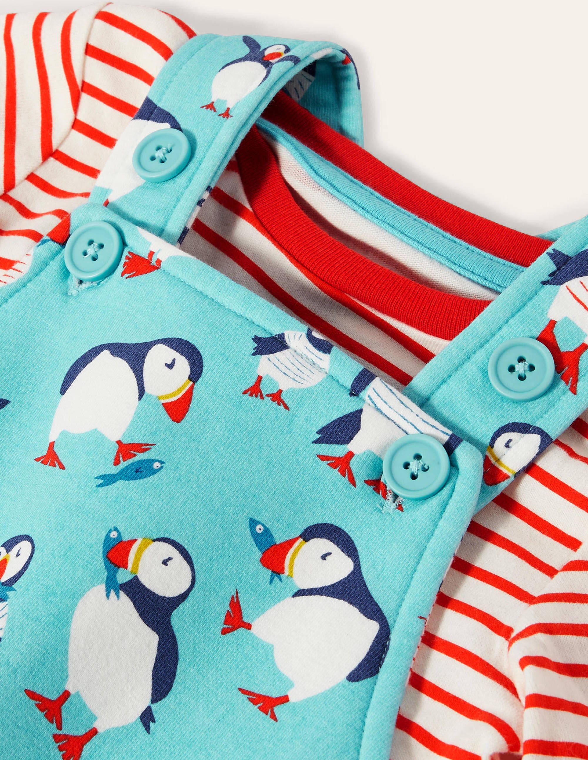 Ensemble imprimé en jersey avec salopette-Macareux bleu aigue-marine - Image 3