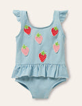 Pretty Frill Waist Swimsuit-Blue/Ivory Strawberries