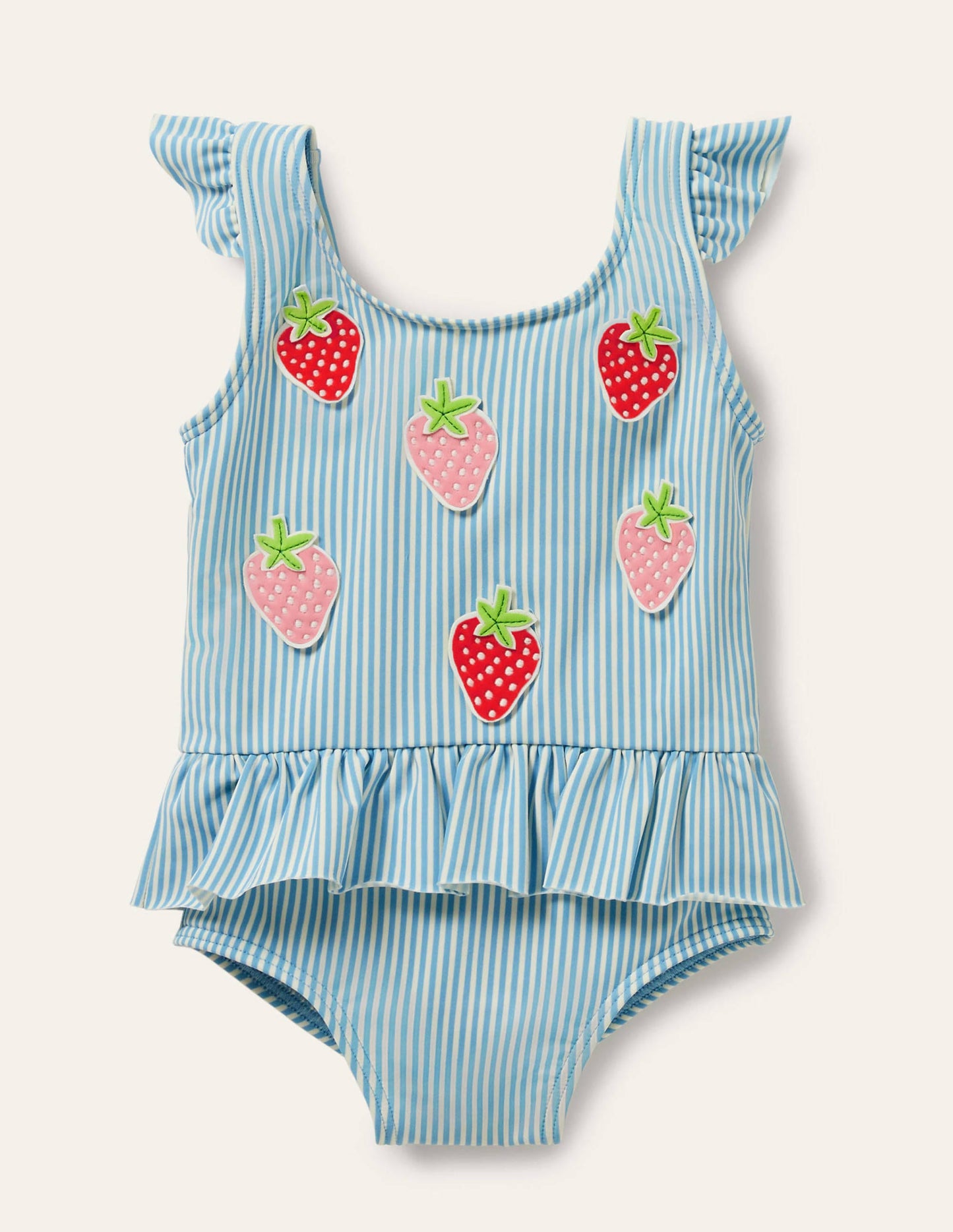 Hübscher Badeanzug mit gerüschter Taille-Blau/Naturweiß, Erdbeeren