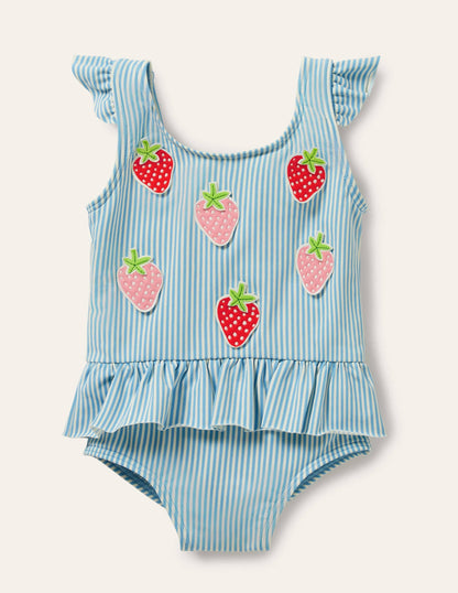 Hübscher Badeanzug mit gerüschter Taille-Blau/Naturweiß, Erdbeeren-1