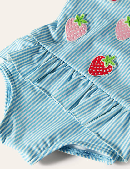 Hübscher Badeanzug mit gerüschter Taille-Blau/Naturweiß, Erdbeeren-3