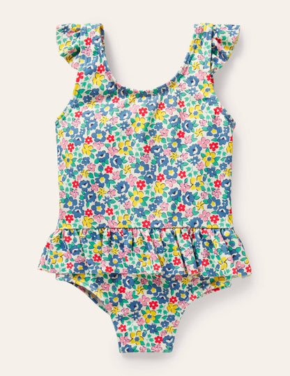 Hübscher Badeanzug mit gerüschter Taille-Bunt, Frühlingsblumen-1