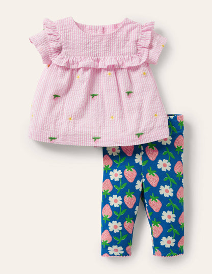 Set aus Weboberteil und Leggings-Strahlendes Marineblau, Erdbeeren