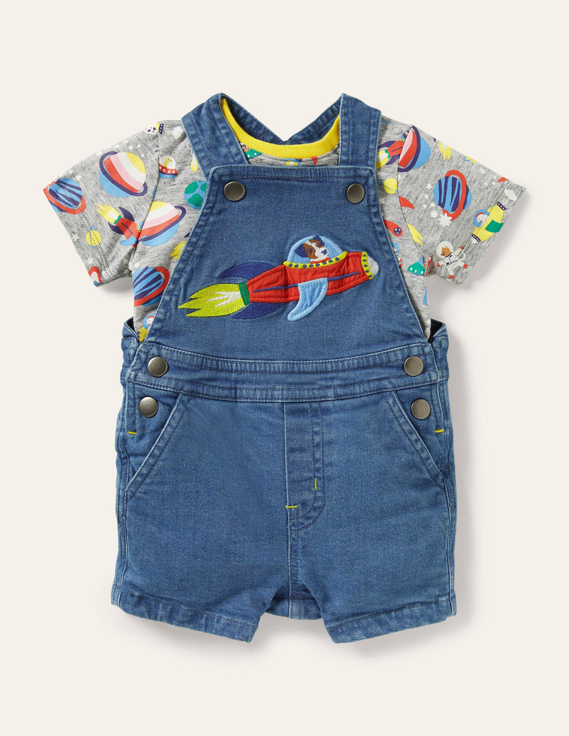 Latzhosen-Set mit Applikation-Mittlerer Faux-Uni, Weltallmotiv-1