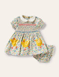 Robe rétro à manches bouffantes-Poussins ivoire