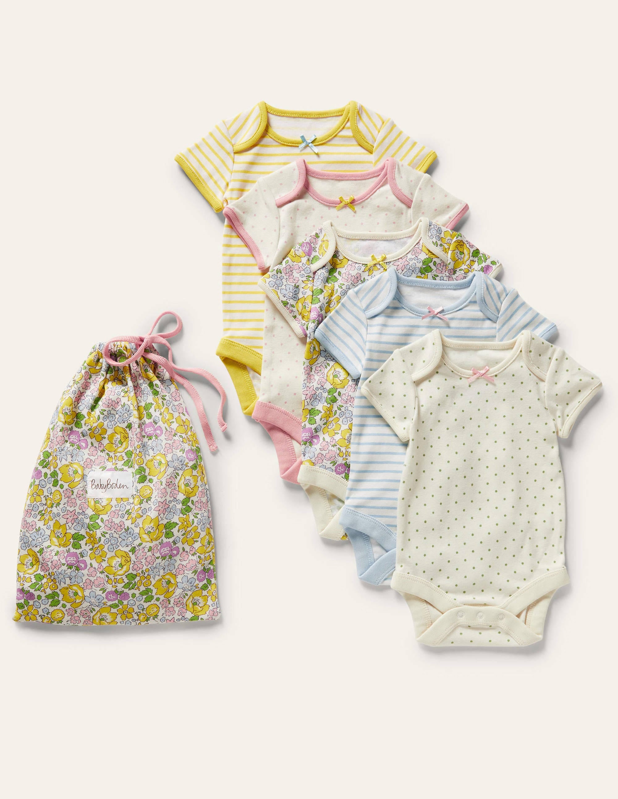 Kurzärmlige Bodys im 5er-Pack-Pastellgelb, Blumenmuster - Image 1